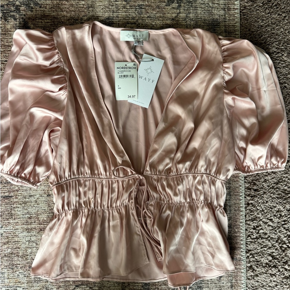 WAYF Blush Satin Puff Sleeve Wrap Top NWT Size S